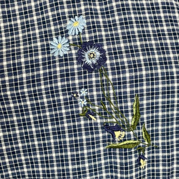 Vtg Basic Editions Top Sz L Blue Plaid Floral Embroidered Country Cabincore - Picture 3 of 7